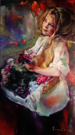 KVĚTINÁŘKA. Olej na plátně  90x50 cm. 